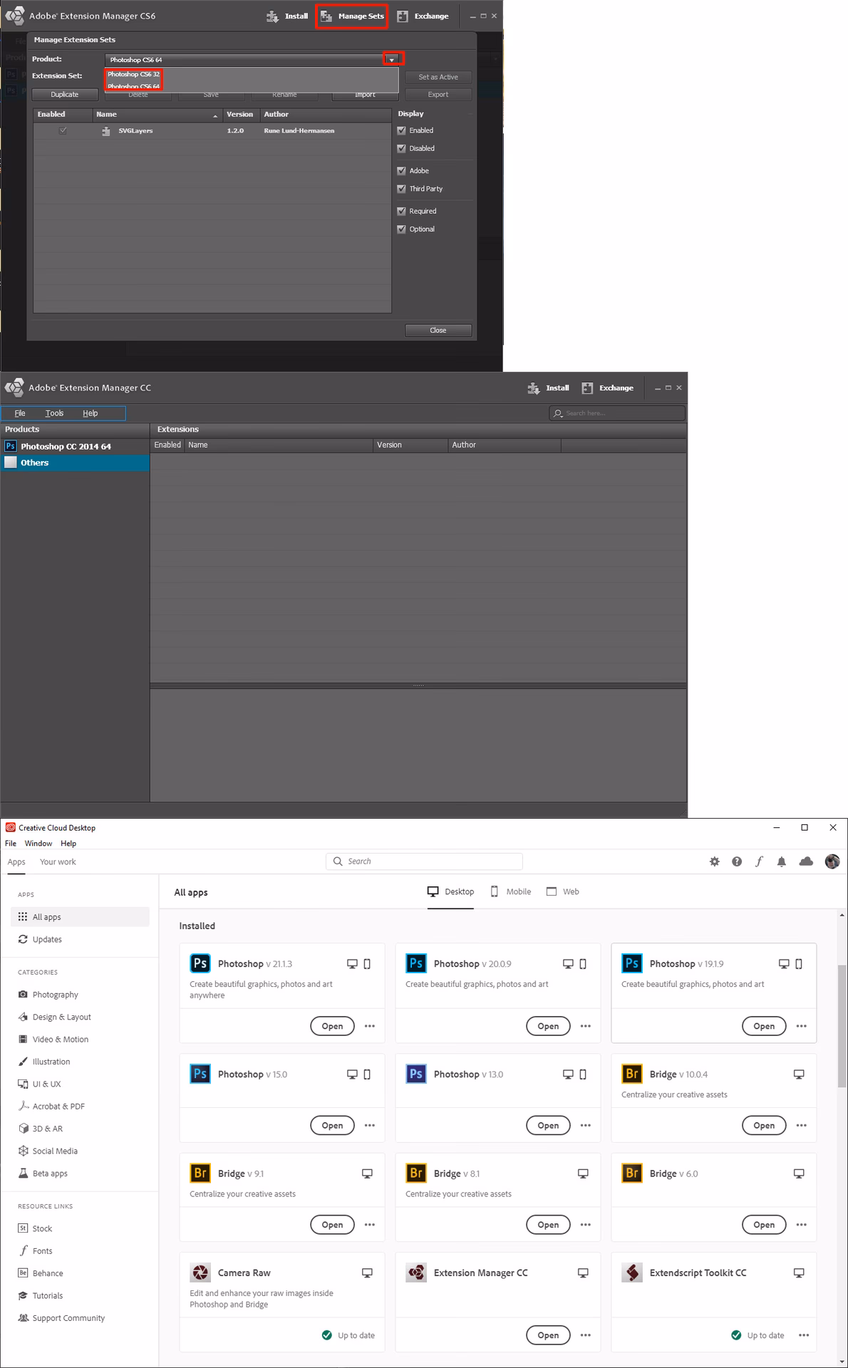 How do I open the Adobe extension Manager?