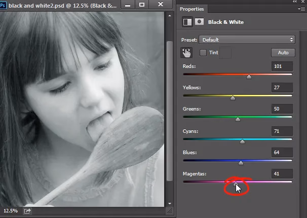 How do I select a black and white area in Photoshop?