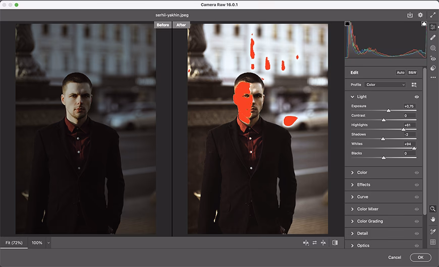 What is the shadow clipping warning in Photoshop?