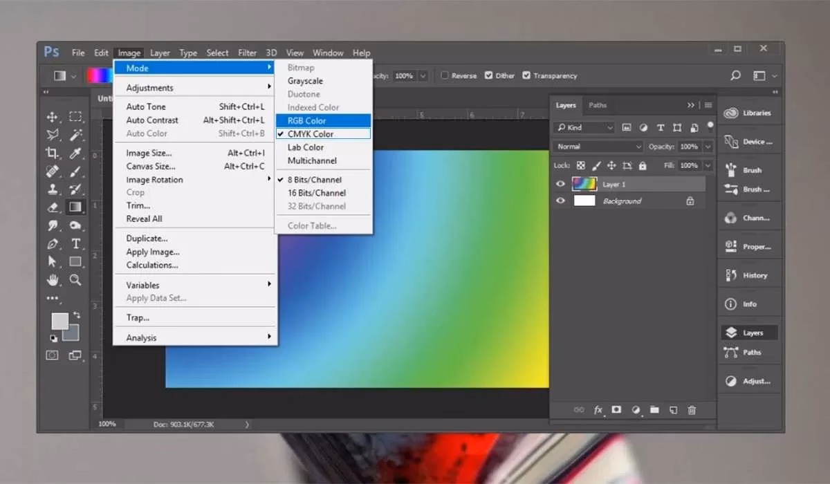What is the shortcut for CMYK to RGB in Photoshop?