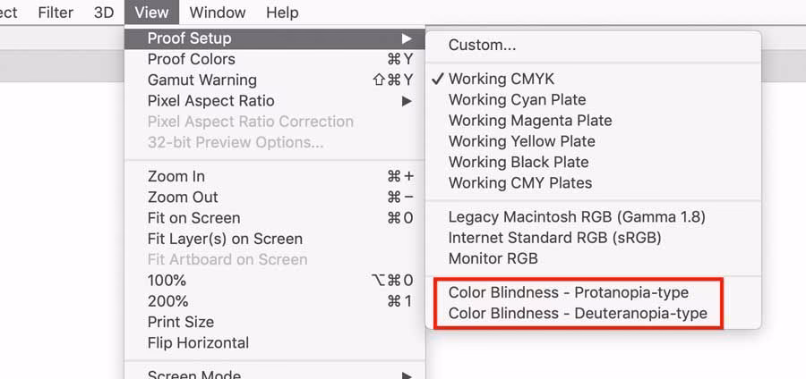 How do you simulate color blindness in Photoshop?