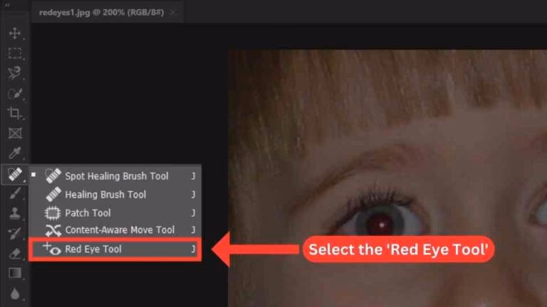What tool gets rid of red eye in Photoshop?
