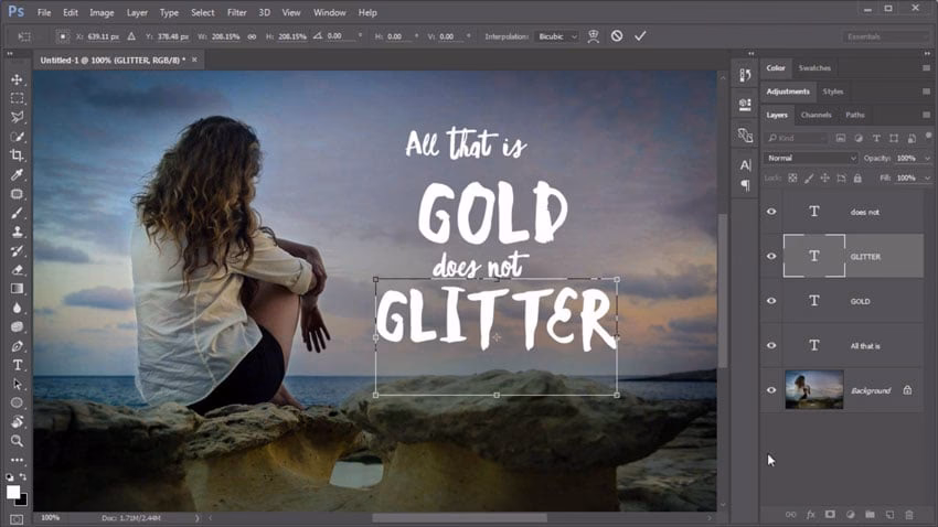 How do you insert a caption into a photo's metadata using Photoshop?