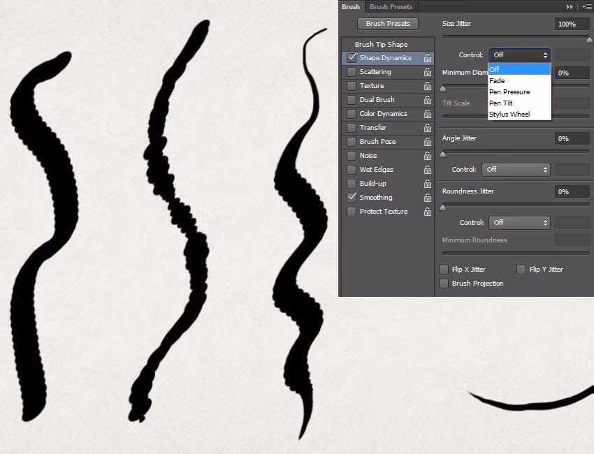 Which Photoshop panel allows me to add shape dynamics or scatter to my brush?